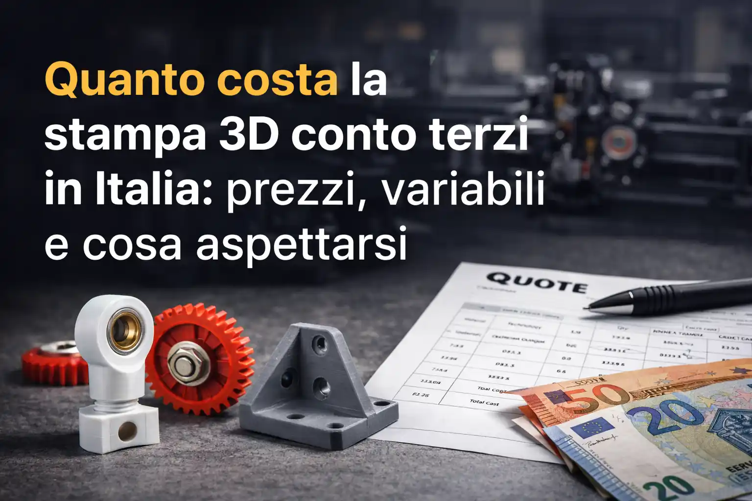Oggetti stampati in 3D con accanto un preventivo