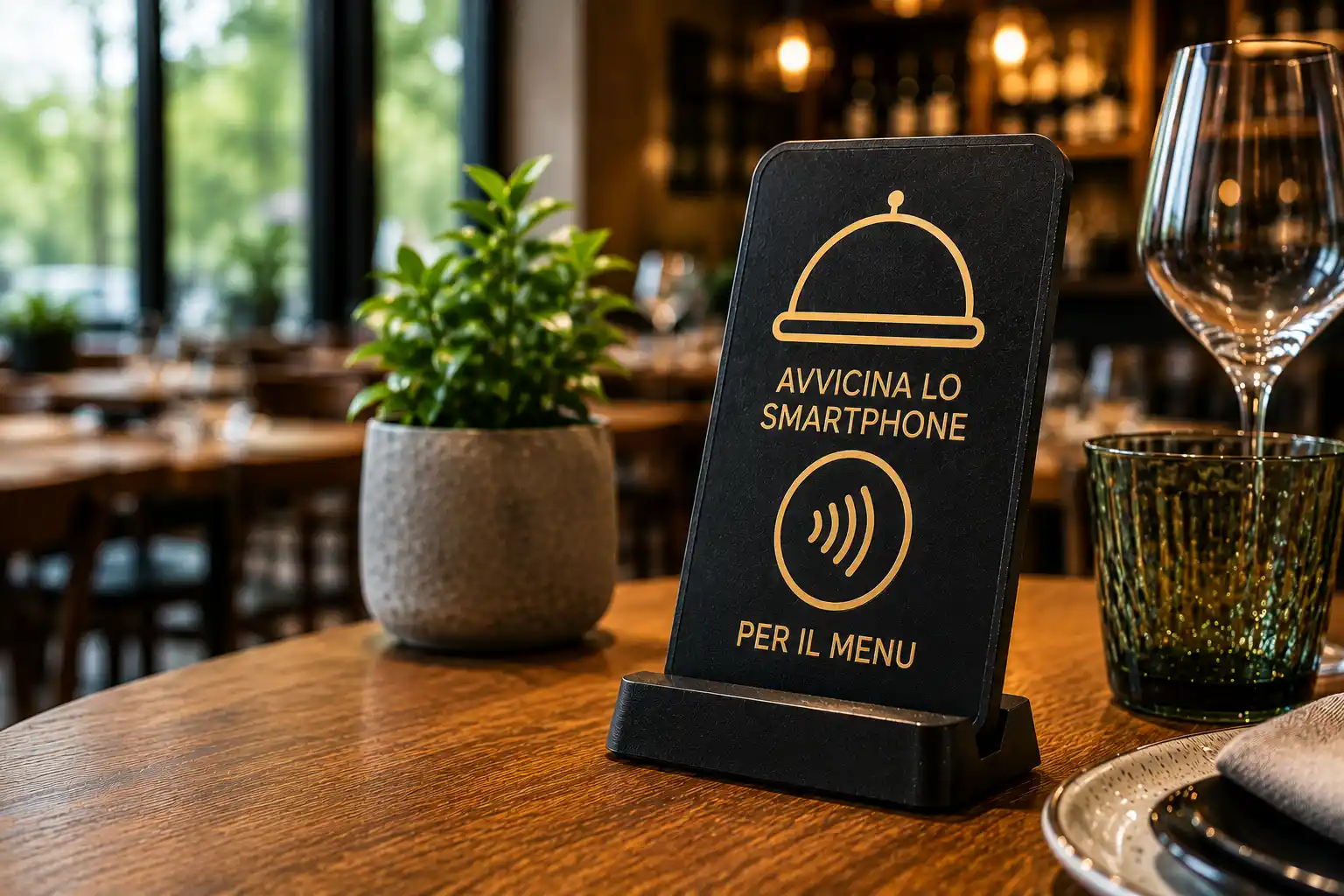 Portamenù in resina stampato in 3D con chip NFC su un tavolo di ristorante